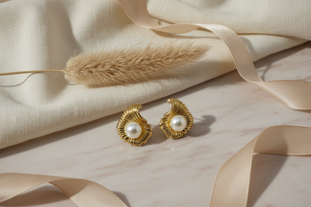 Vintage Wave Pearl Stud Earrings