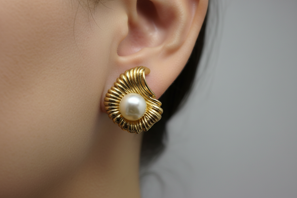 Vintage Wave Pearl Stud Earrings