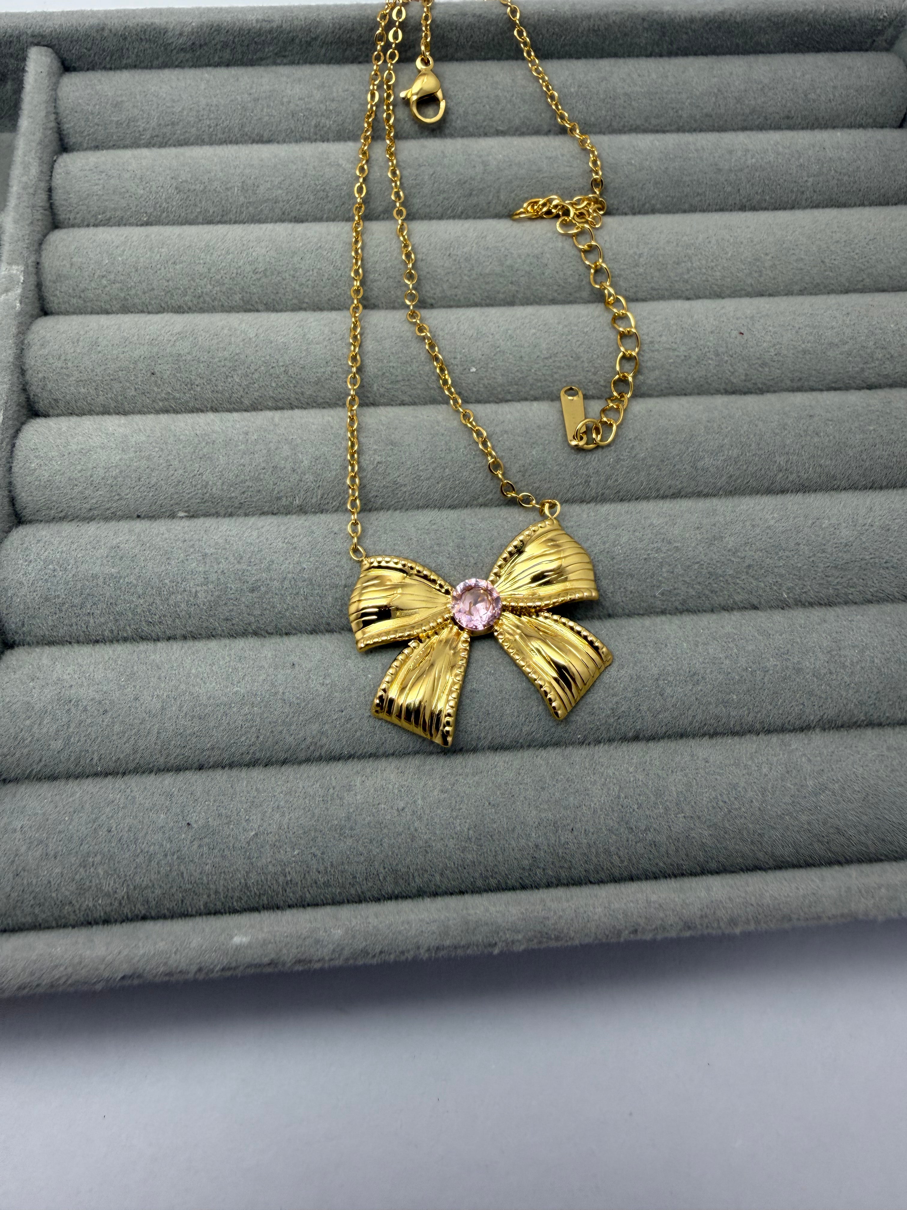 Sweetheart Bow & Crystal Pendant Necklace