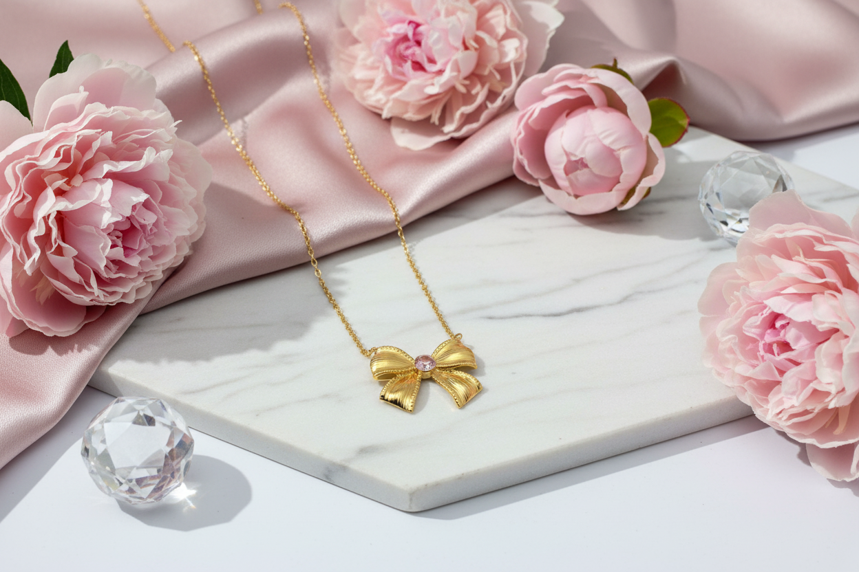Sweetheart Bow & Crystal Pendant Necklace