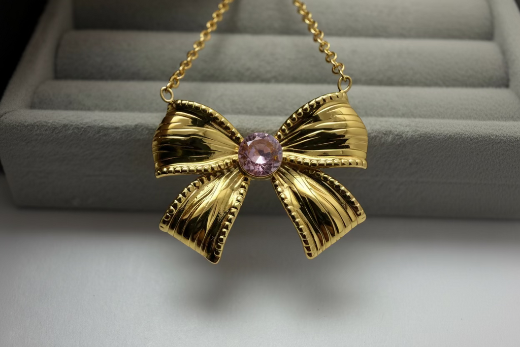 Sweetheart Bow & Crystal Pendant Necklace