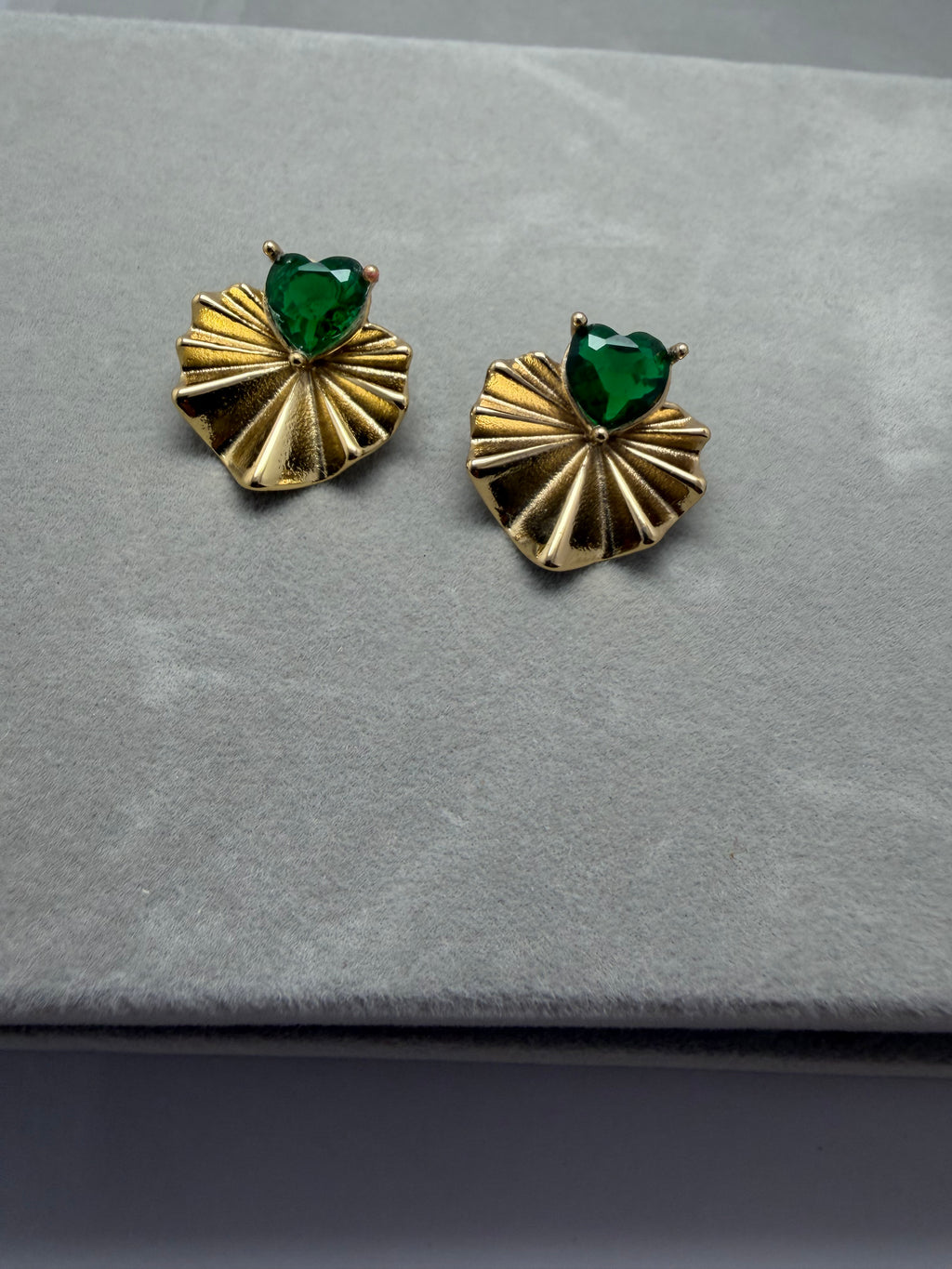 Emerald Heart Lily Pad Stud Earrings