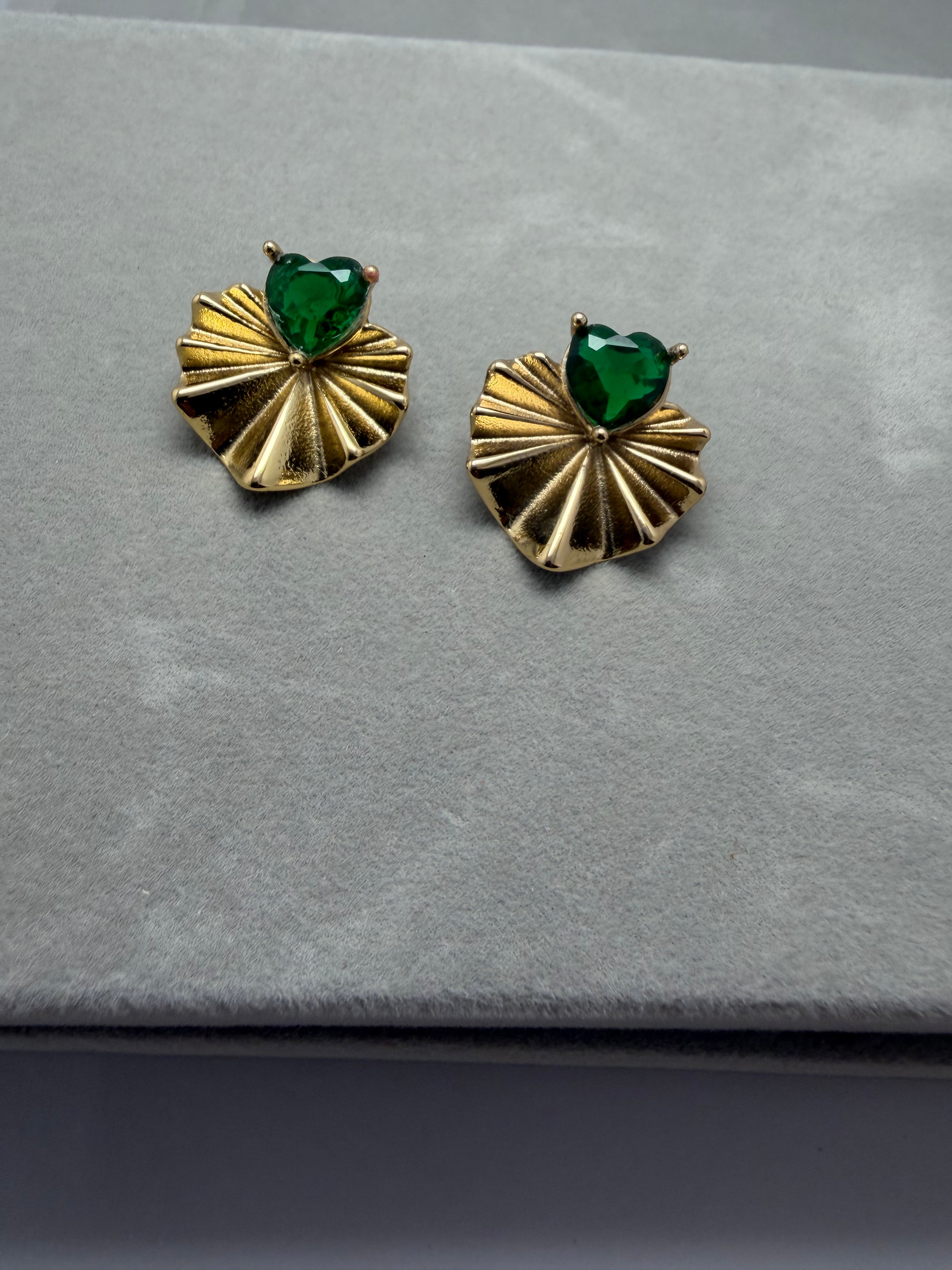 Emerald Heart Lily Pad Stud Earrings
