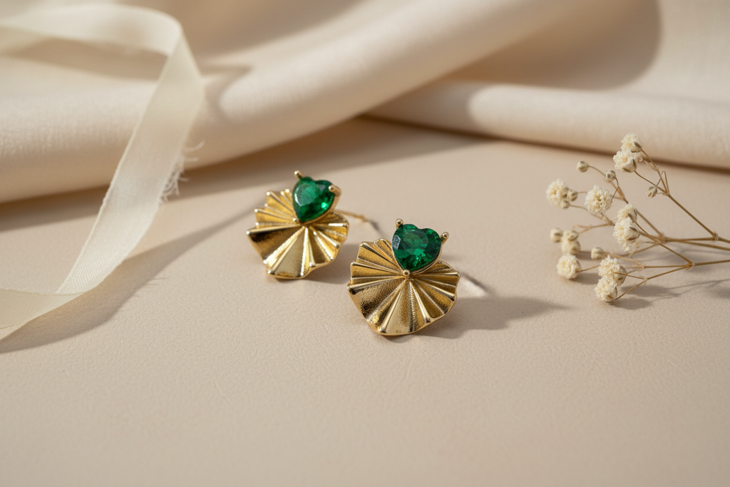 Emerald Heart Lily Pad Stud Earrings