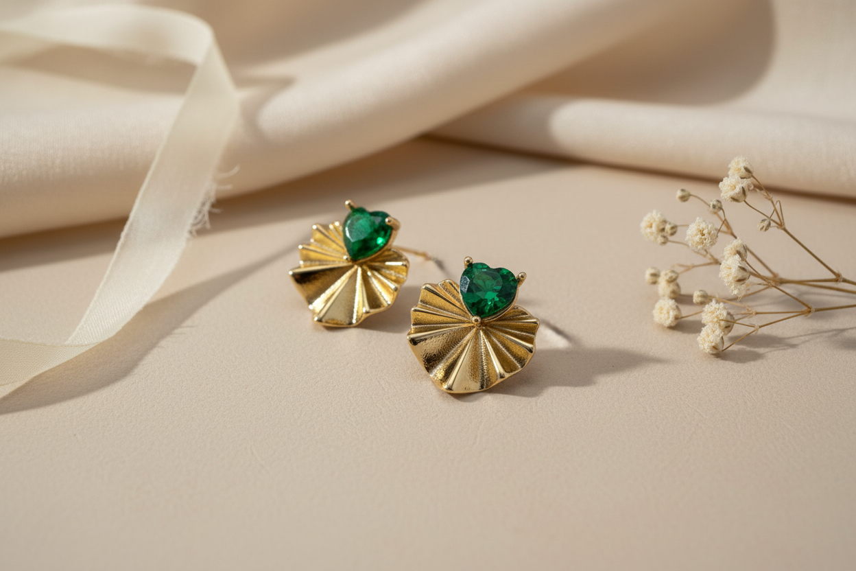 Emerald Heart Lily Pad Stud Earrings