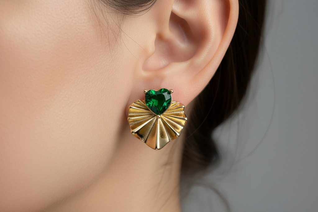 Emerald Heart Lily Pad Stud Earrings