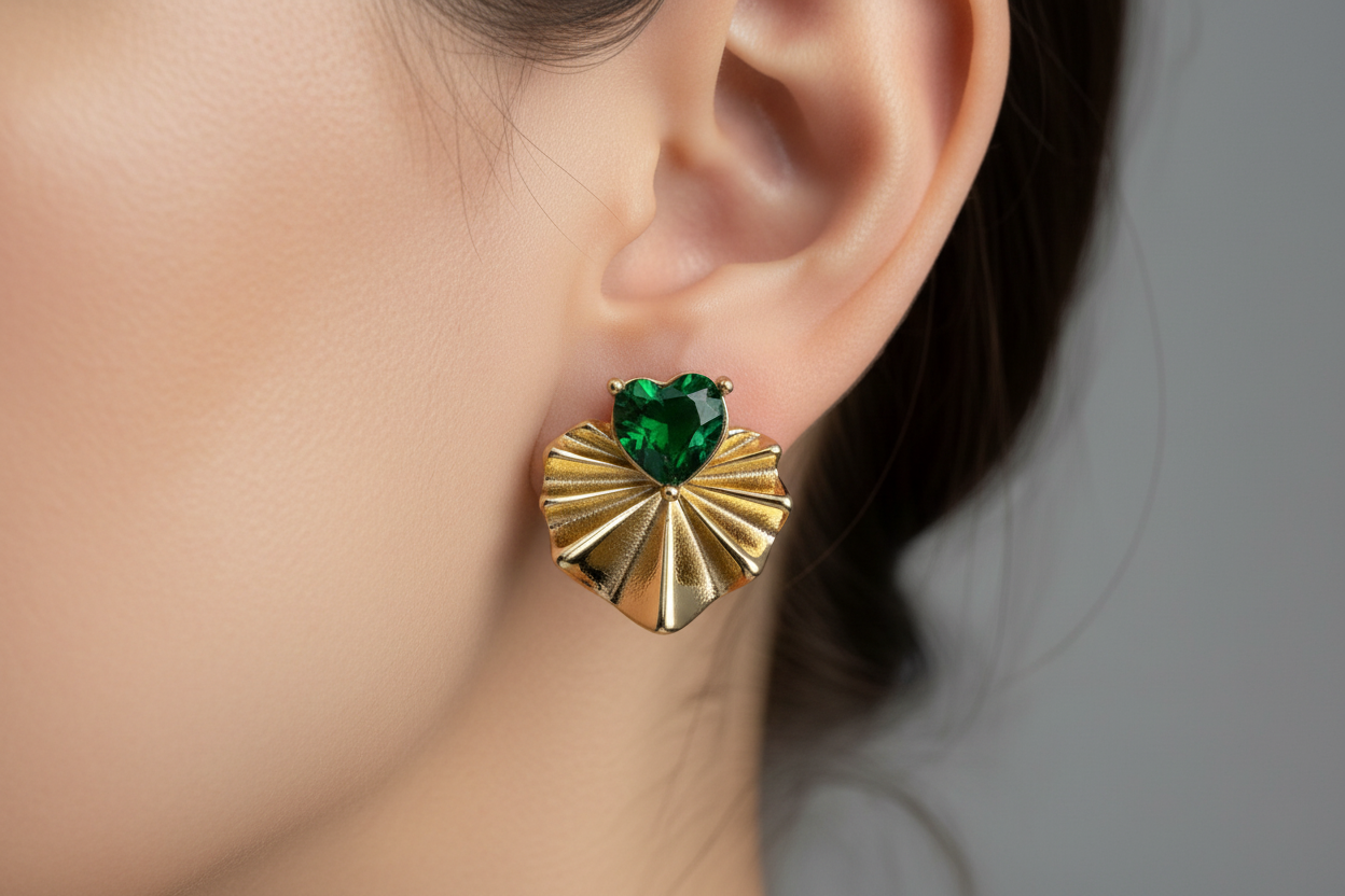 Emerald Heart Lily Pad Stud Earrings