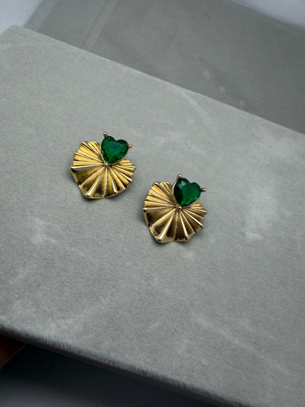 Emerald Heart Lily Pad Stud Earrings