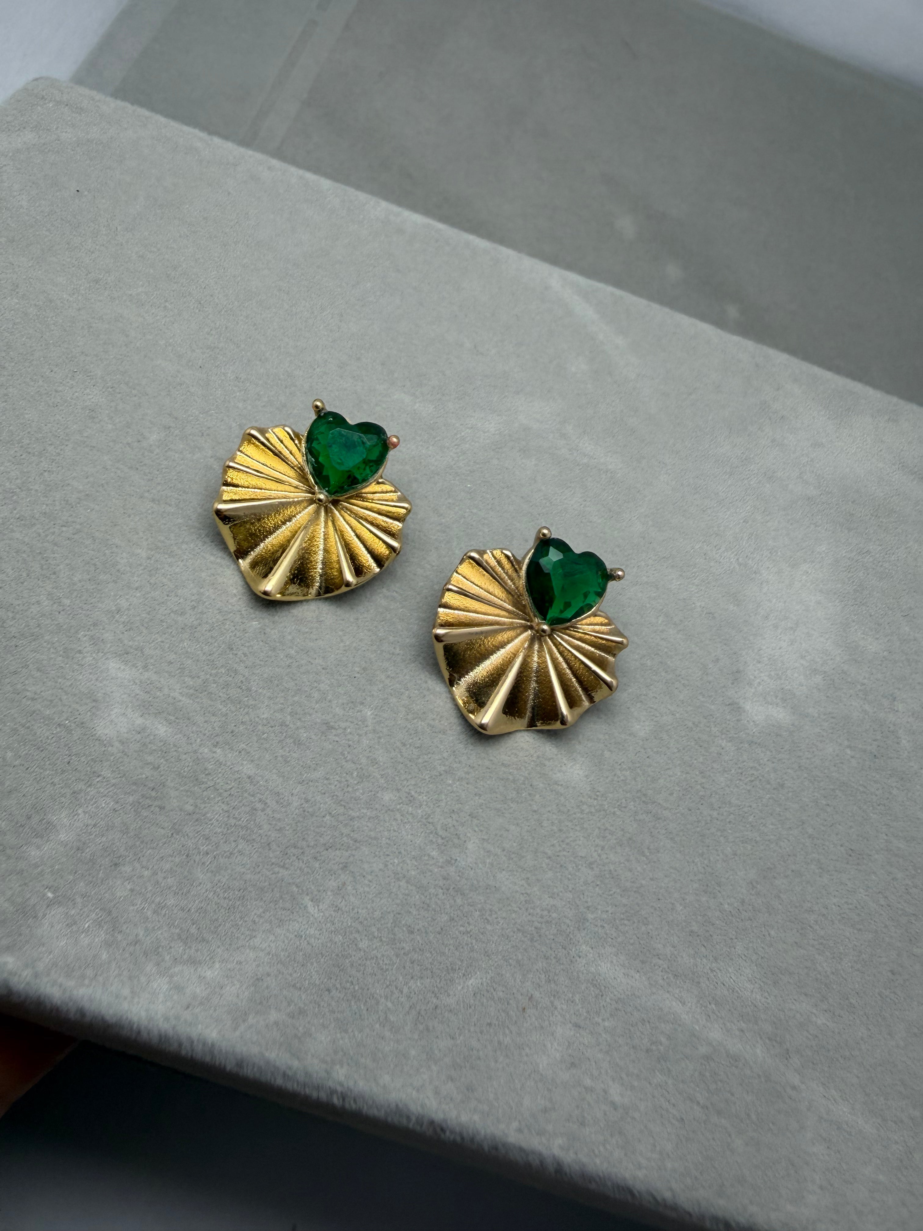Emerald Heart Lily Pad Stud Earrings