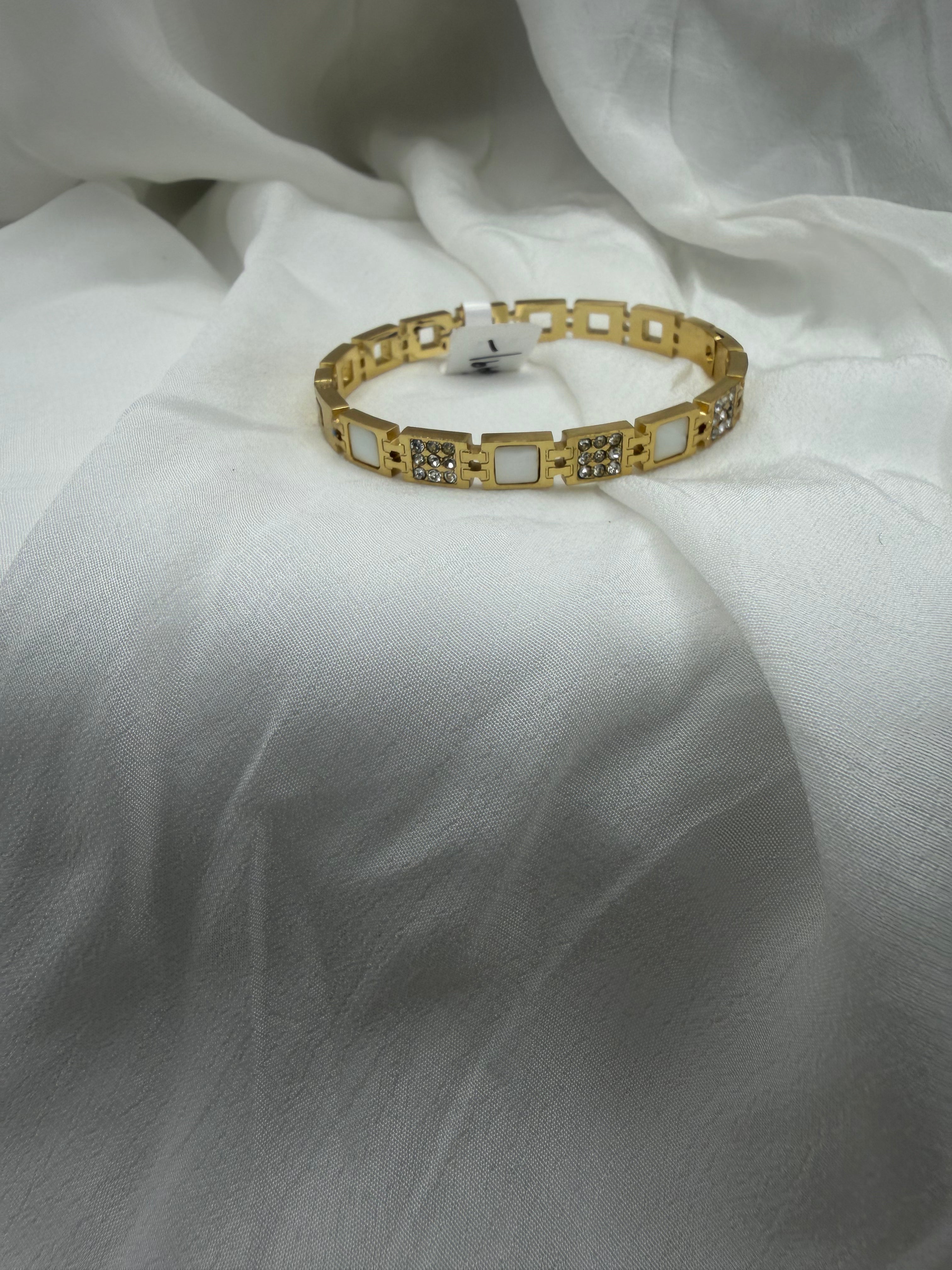 Square Pearl Pavé Gold Link Bangle (baby size)
