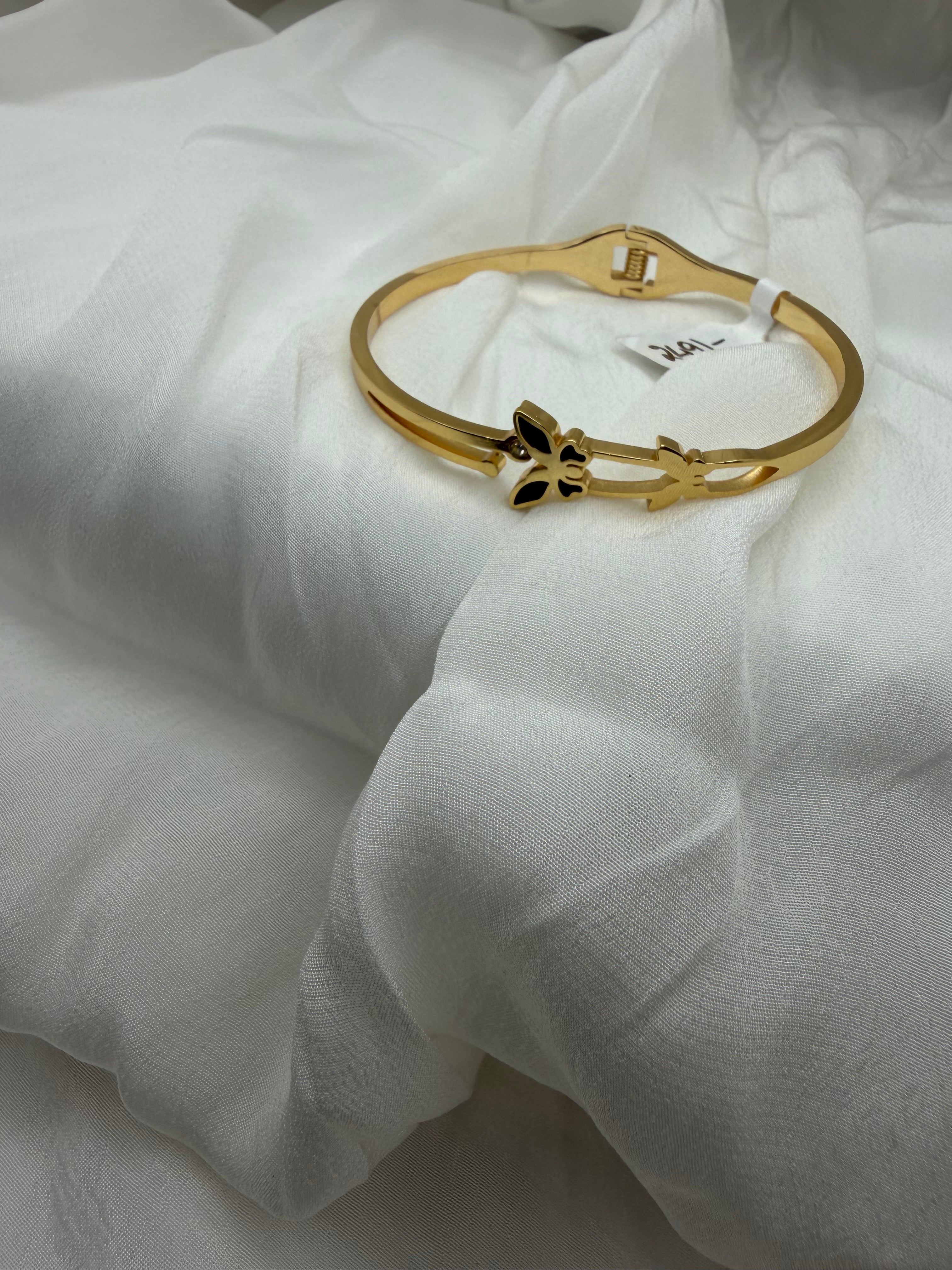 Twin Butterfly Enamel Cuff – Black & Gold Anti-Tarnish Bangle