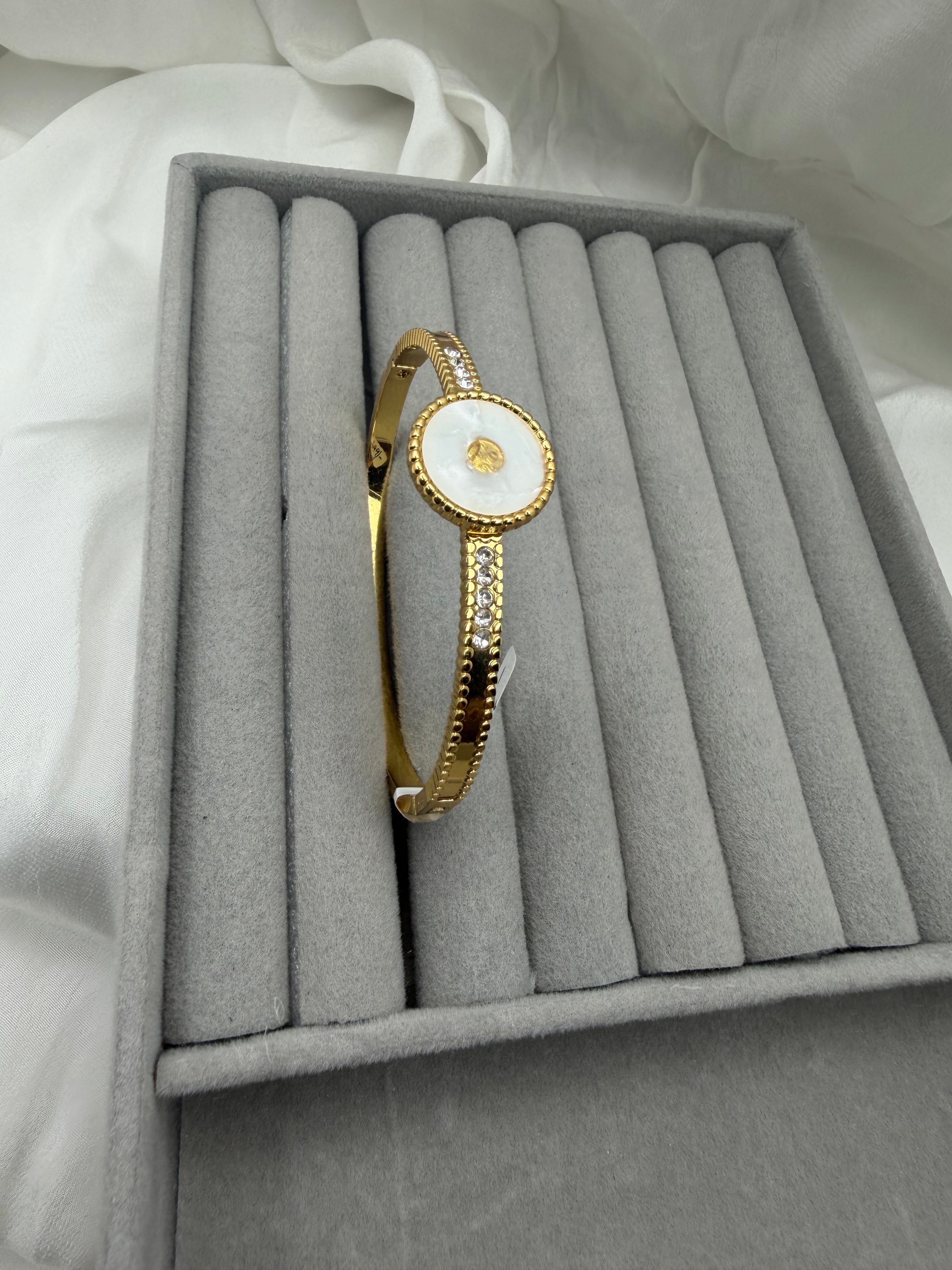 Celeste MOP Disc Crystal Cuff – 18K Gold PVD Bangle