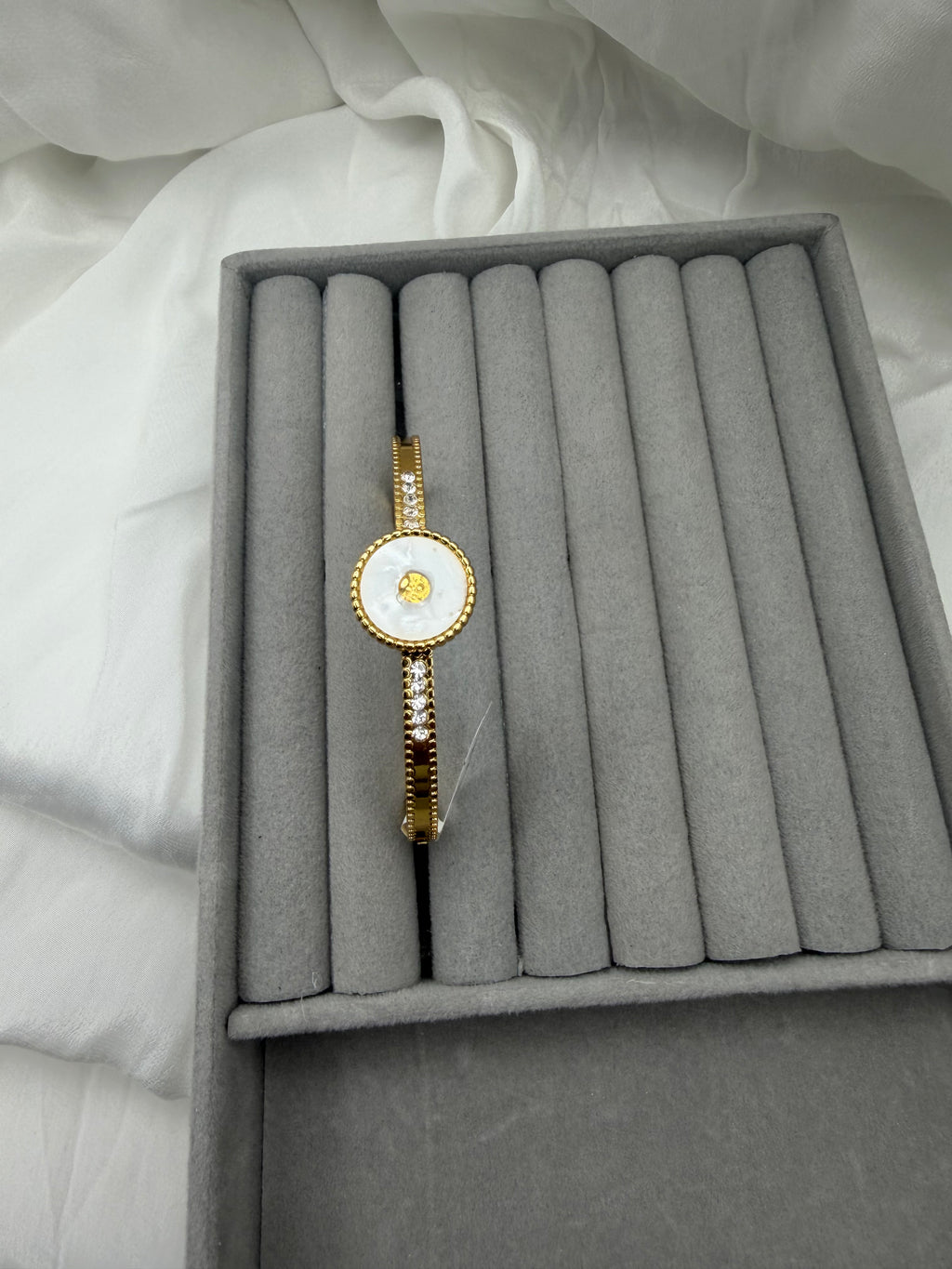 Celeste MOP Disc Crystal Cuff – 18K Gold PVD Bangle