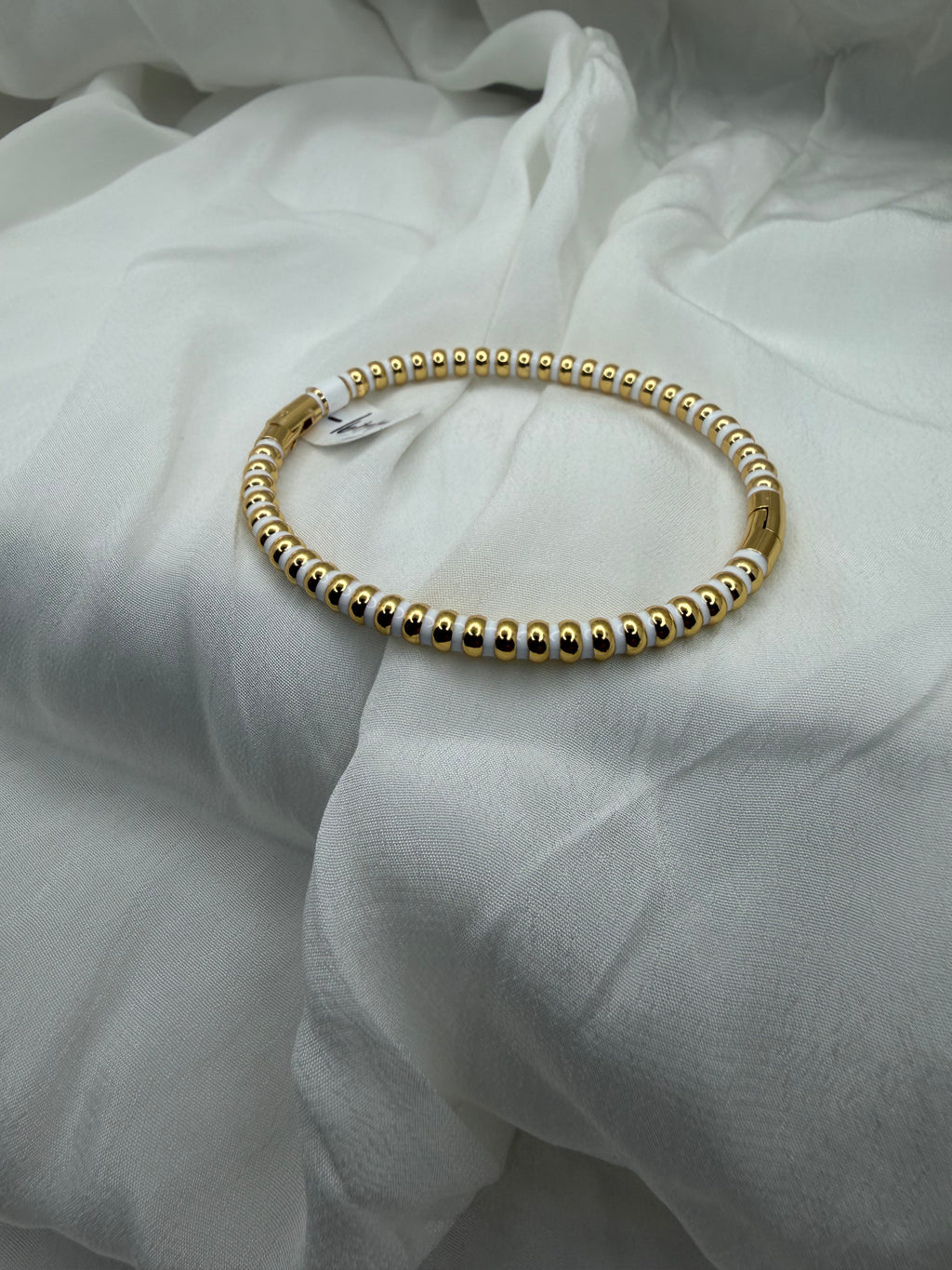Ivory Stripe Beaded Coil Bangle – Gold & White Anti-Tarnish