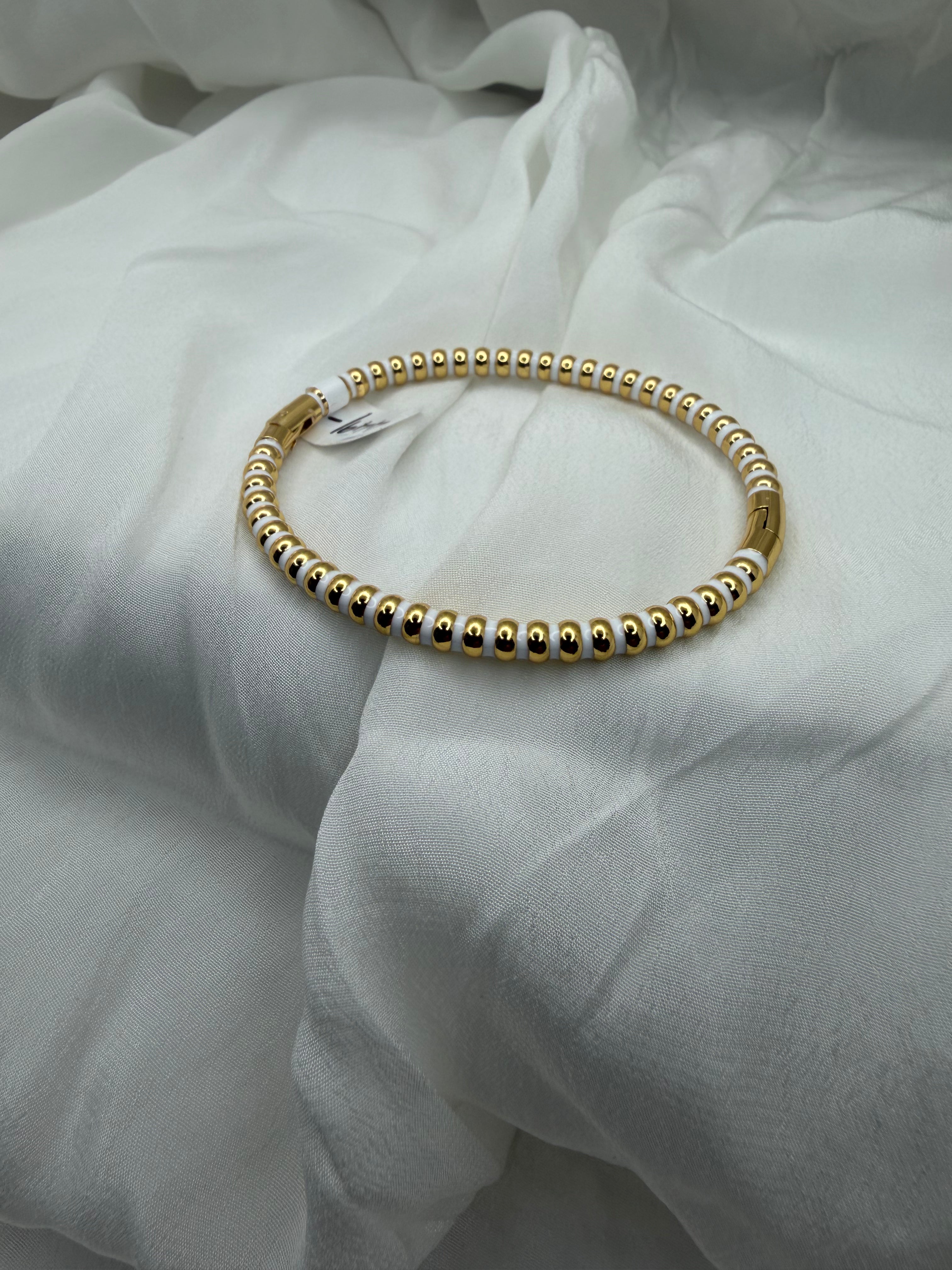Ivory Stripe Beaded Coil Bangle – Gold & White Anti-Tarnish