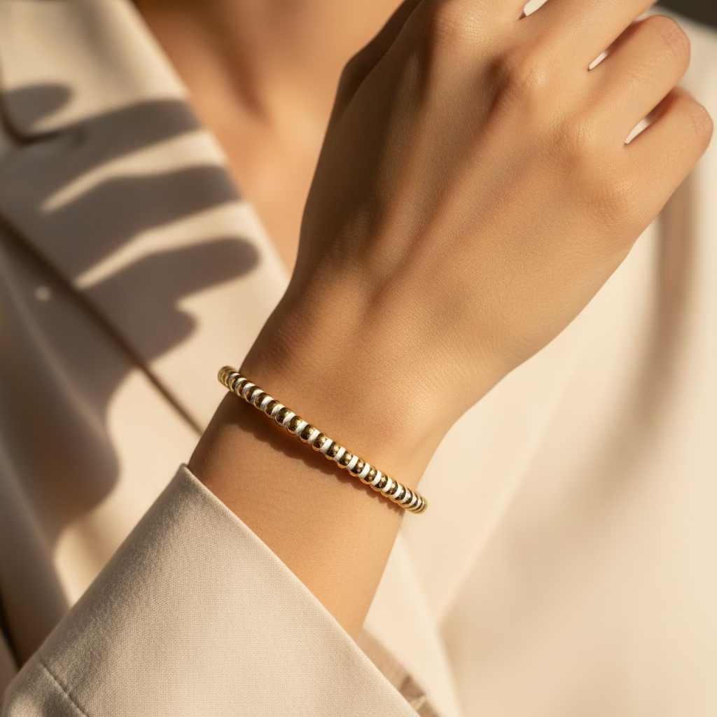 Ivory Stripe Beaded Coil Bangle – Gold & White Anti-Tarnish