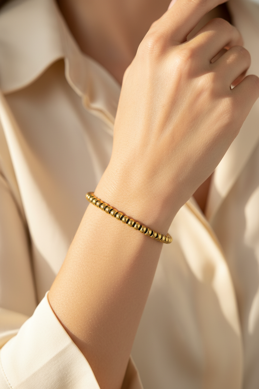 Onyx Bead Flex Cuff – Black & Gold Anti-Tarnish