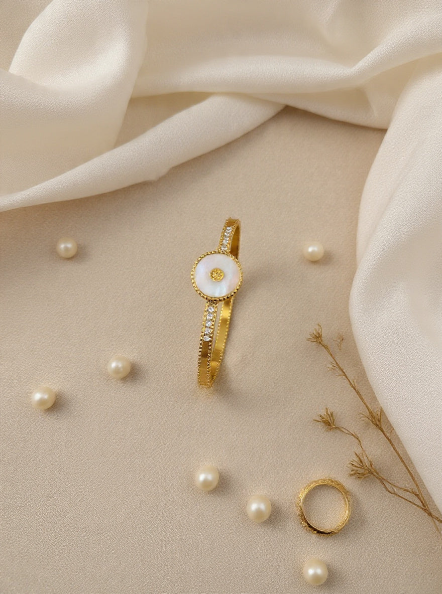 Celeste MOP Disc Crystal Cuff – 18K Gold PVD Bangle
