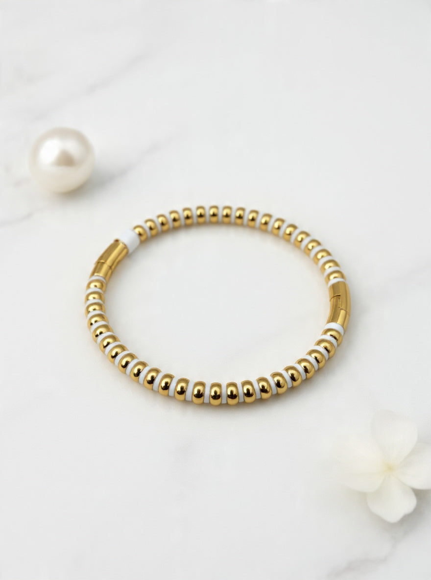 Ivory Stripe Beaded Coil Bangle – Gold & White Anti-Tarnish