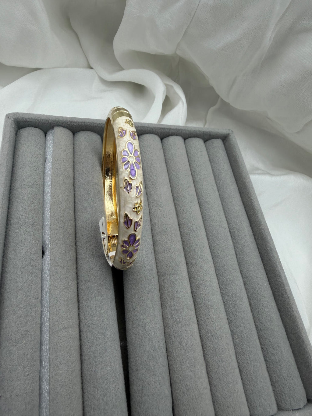 Lavender Bloom Enamel Bangle – Ivory & Gold