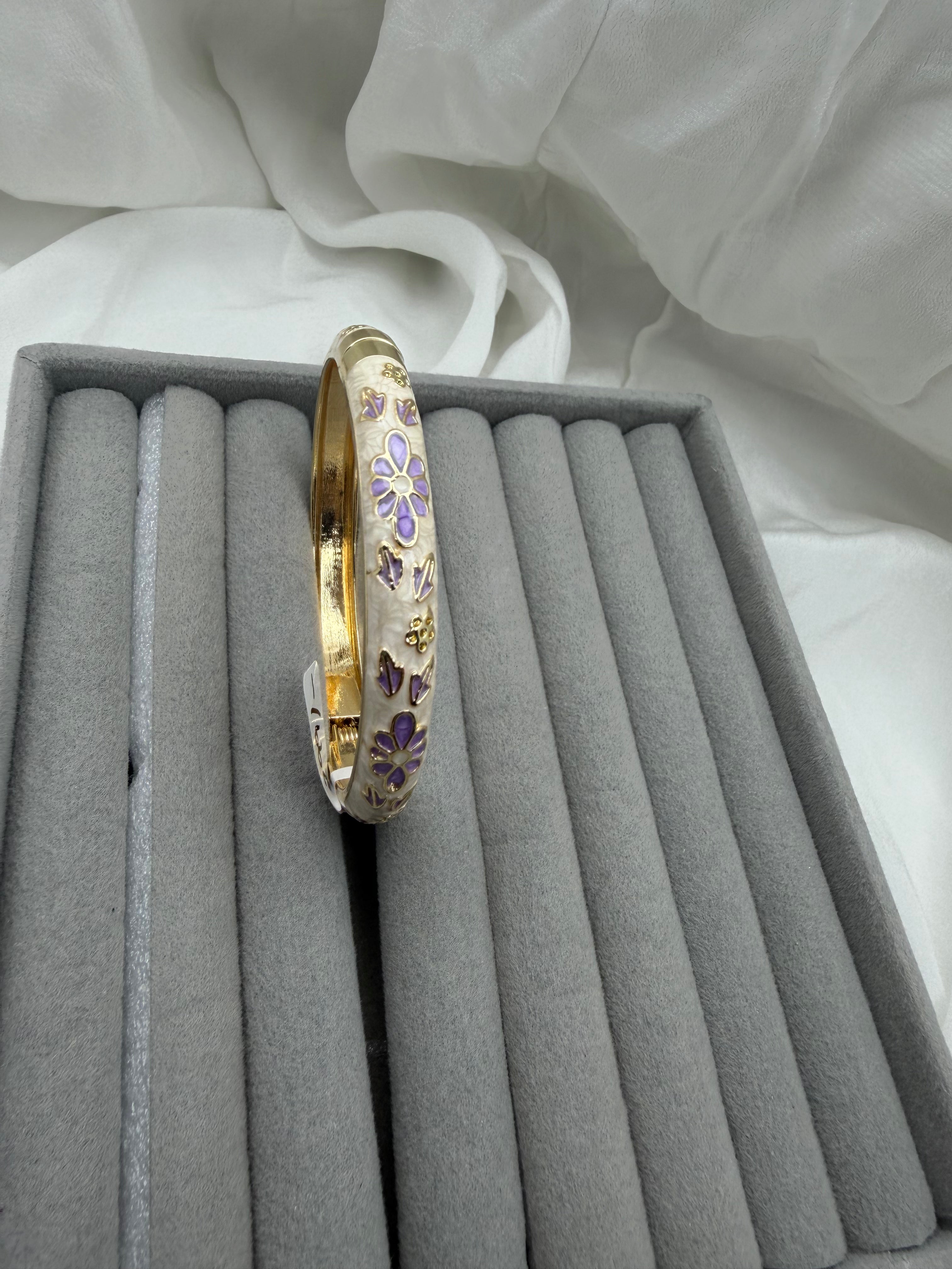 Lavender Bloom Enamel Bangle – Ivory & Gold