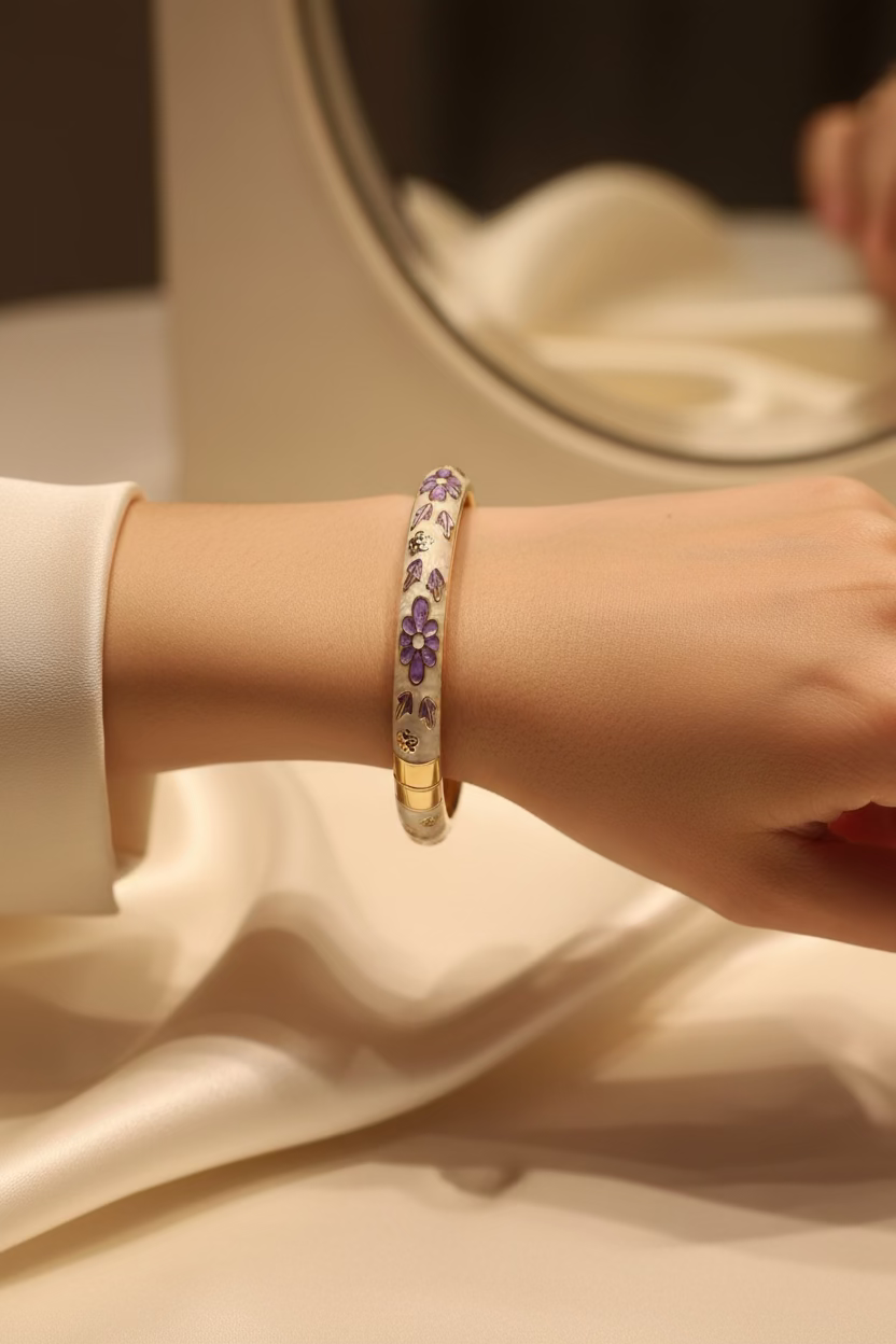 Lavender Bloom Enamel Bangle – Ivory & Gold
