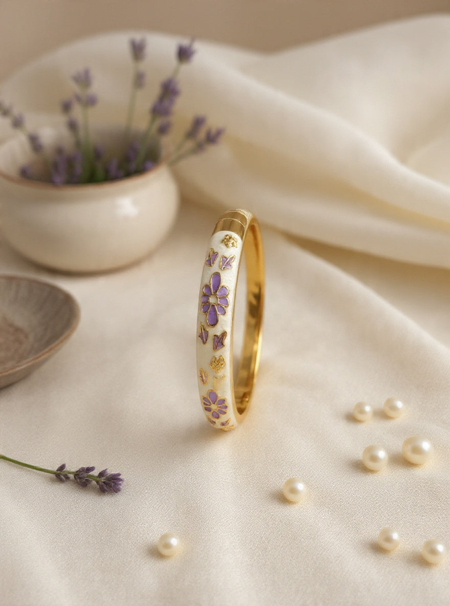 Lavender Bloom Enamel Bangle – Ivory & Gold