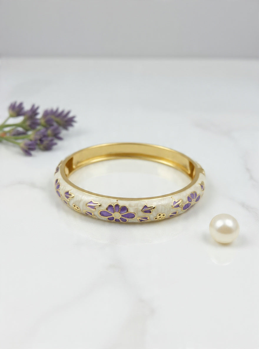 Lavender Bloom Enamel Bangle – Ivory & Gold