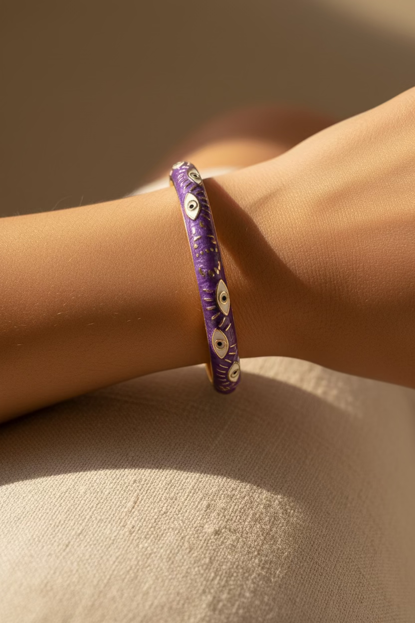 Violet Evil Eye Enamel Bangle – Gold Protection Cuff