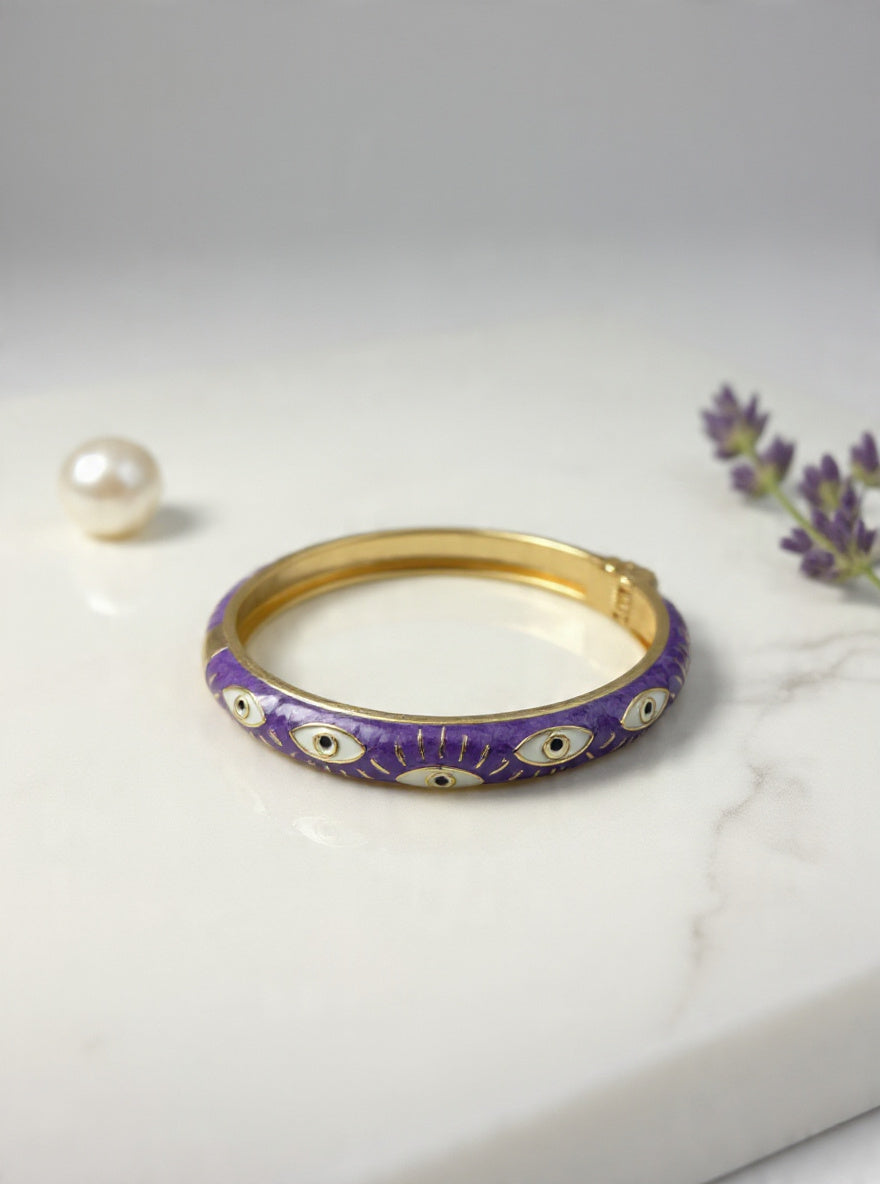 Violet Evil Eye Enamel Bangle – Gold Protection Cuff