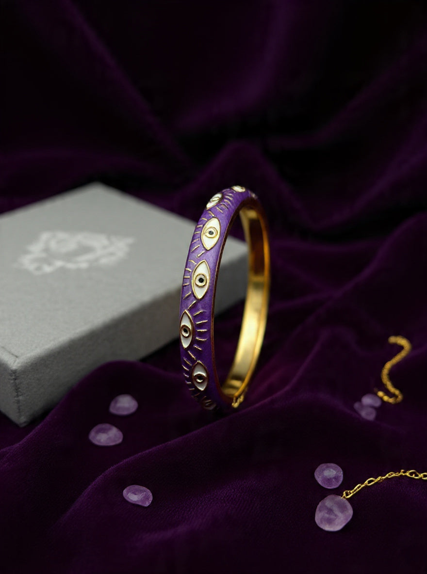 Violet Evil Eye Enamel Bangle – Gold Protection Cuff
