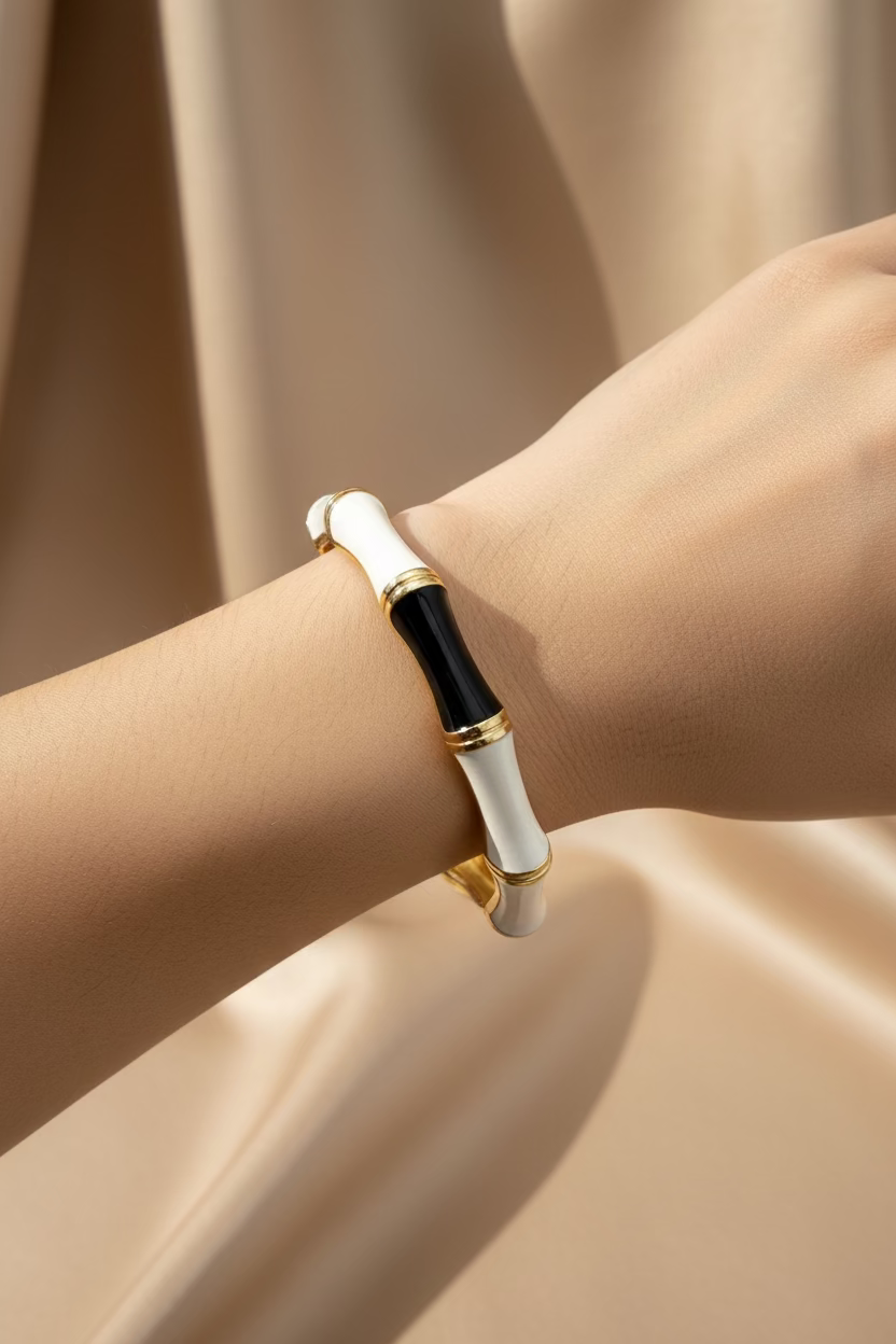 Monochrome Bamboo Enamel Cuff – Black & White