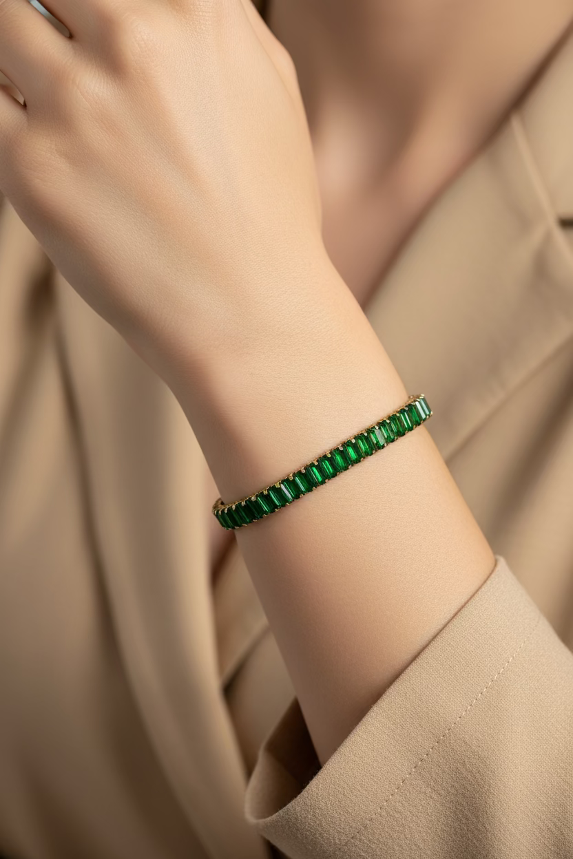 Emerald Baguette Tennis Bracelet – Green Crystal