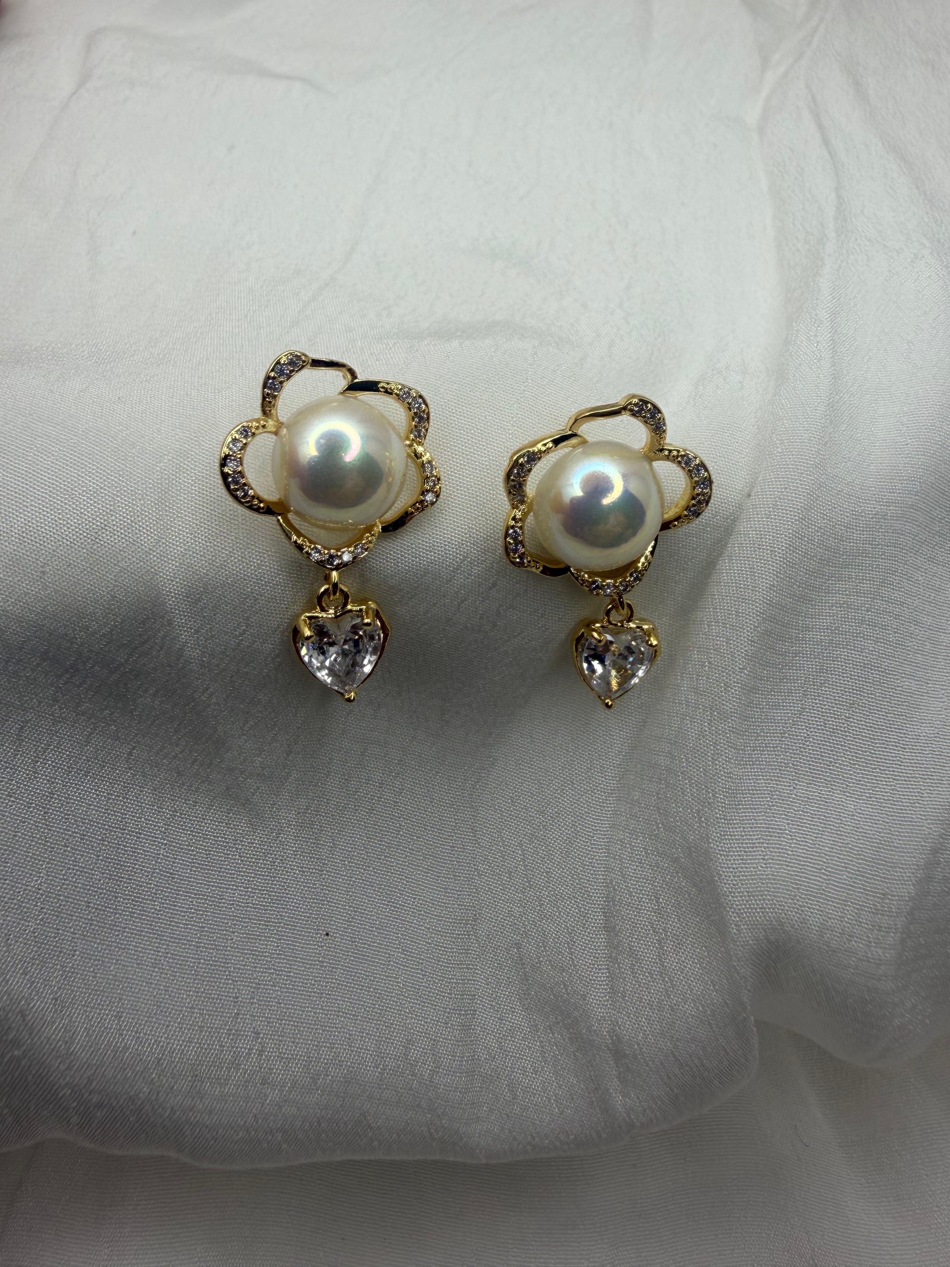 Floral Aura Pearl Heart Drop Earrings