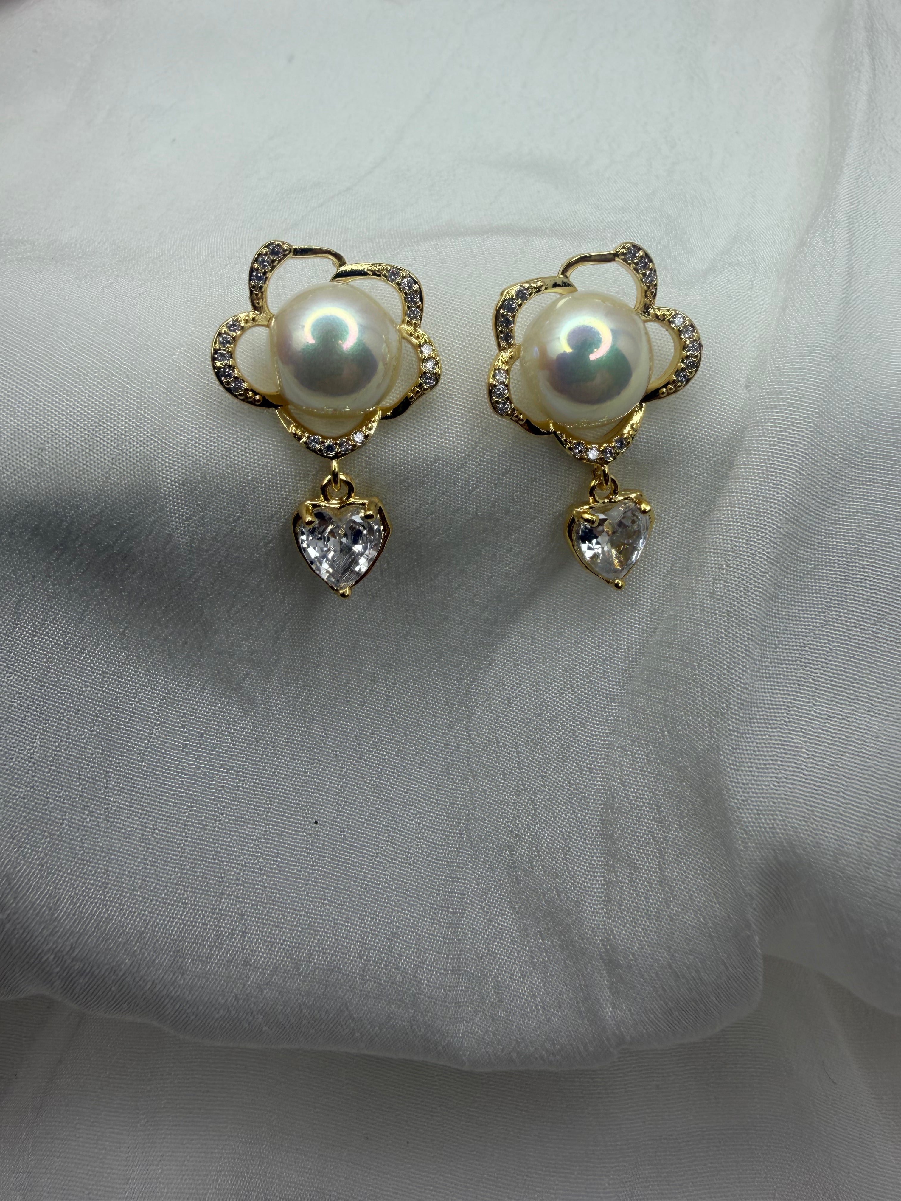 Floral Aura Pearl Heart Drop Earrings