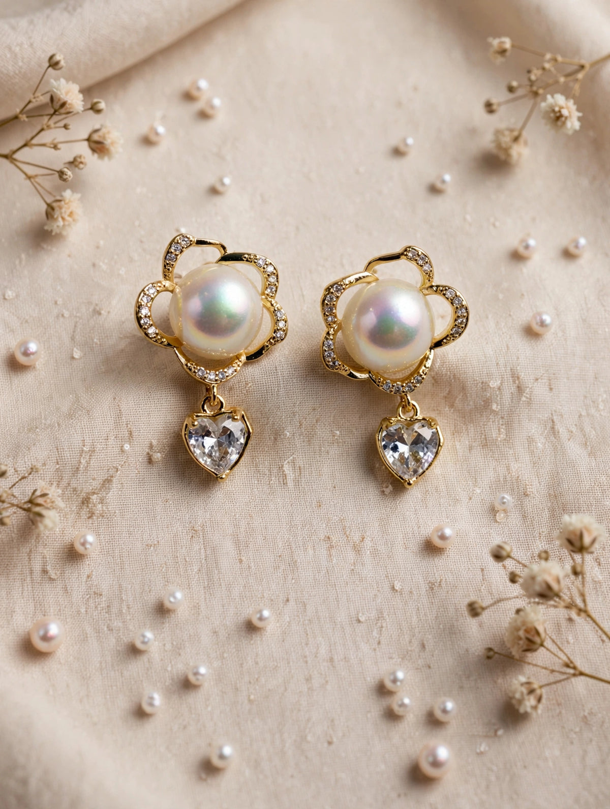 Floral Aura Pearl Heart Drop Earrings