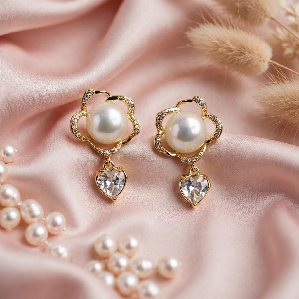 Floral Aura Pearl Heart Drop Earrings