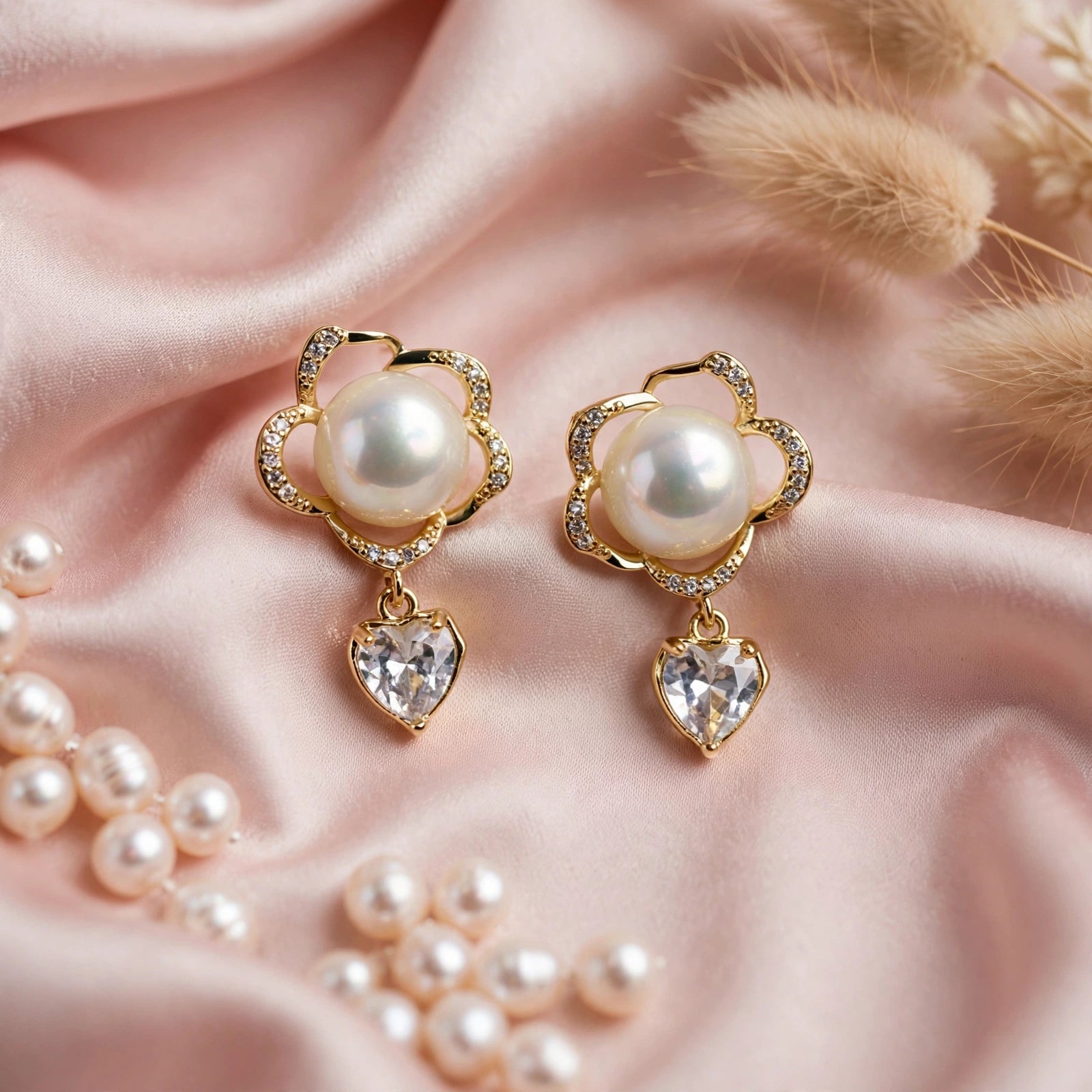 Floral Aura Pearl Heart Drop Earrings